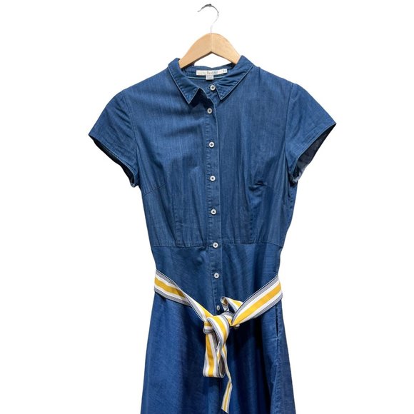 Anthropologie Boden Dress Blue Short Sleeve Spread Collar A-Line Size 8L - Picture 3 of 11